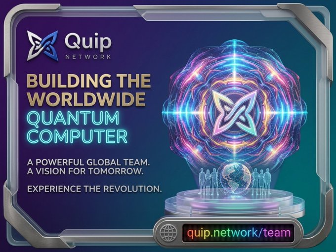 The image features a poster for Quip Network, which promotes building worldwide Quantum Computers as a powerful global team experience that can help prepare for future advancements. The poster includes a globe with a crescent moon design, symbolizing the interconnectedness of technology and people across the world. The text on the poster emphasizes the importance of focusing on projects that are relevant to today's rapidly changing landscape while also preparing for what comes next in terms of technological advancements.