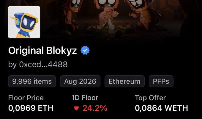 The image displays an NFT collection stats panel for "Original Blokyz" by 0xced...4488, showing 9,996 items on Ethereum with a floor price of 0.0969 ETH, a 24.2% daily floor decline, and a top offer of 0.0864 WETH, contextualizing the post's claim of acquiring the NFT via bids at 0.085 ETH with bullish price expectations.