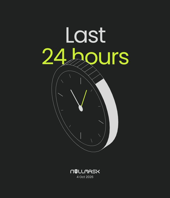 A clock illustration with the text "Last 24 hours" above it, alongside the "NULLMASK" logo and the date "4 Oct 2026," visually emphasizing the recent timeframe of the post's argument that the market is significantly undervaluing $MASK at ~$38M based on updated metrics.