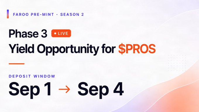 A promotional graphic for "FAROO PRE-MINT · SEASON 2" advertising "Phase 3 LIVE" for "Yield Opportunity for $PROS" with a deposit window from "Sep 1 → Sep 4".