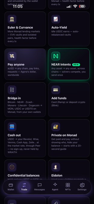 Mobile app interface screenshot of a cryptocurrency wallet showing feature options including 'Euler & Currence', 'Auto-Yield', 'NEAR Intents', 'Pay anyone', and 'Bridge in' on a dark background.