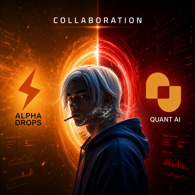 A promotional graphic for a collaboration between "ALPHA DROPS" and "QUANT AI" featuring a white-haired character with a cigarette, set against a red and orange glowing background with data visualizations.