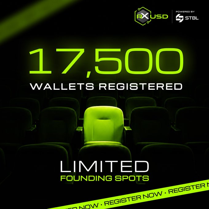 The image depicts a bright green chair in a dark auditorium, symbolizing the RXUSD Genesis Program surpassing 17,500 wallet registrations. The prominent text "17,500 WALLETS REGISTERED" and "LIMITED FOUNDING SPOTS" clearly relates to the post's announcement of exceeding this registration number.