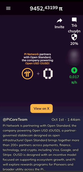 The image shows a Pi Network wallet interface displaying a balance of 9,452,431.99 π, along with a notification about a partnership with Open Standard (OUSD) and a mining rate of 0.017 π/h. 

This relates to the post by illustrating the user's frustration—the interface highlights a massive held balance and active mining rate, yet as the poster laments, after 7 years of completing all steps, none of the mined Pi has been transferred or returned to their actual wallet.
