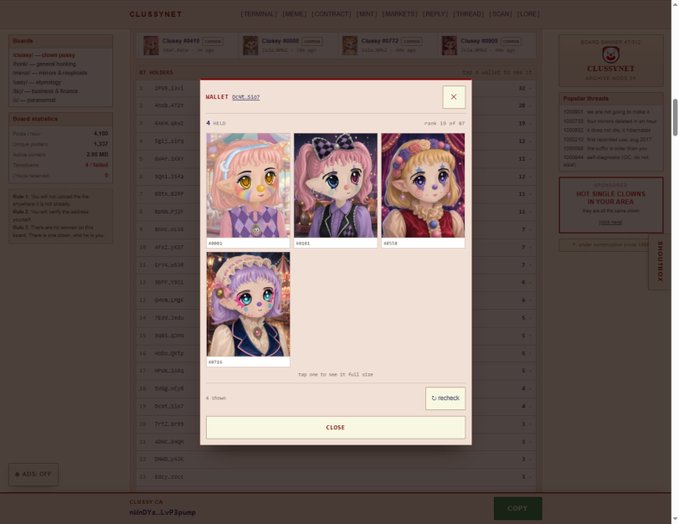 A screenshot of the CLUSSYNET website shows a wallet display page featuring four NFT character images with IDs 60001, 60305, 60499, and 60705, along with a '0 VOUCHES' message.