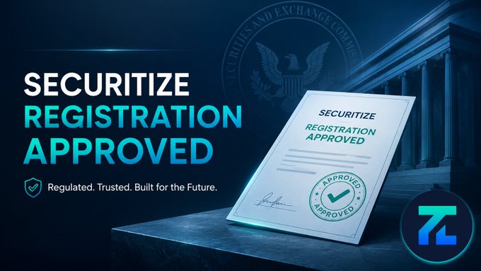 A promotional banner with the text 'SECURITIZE REGISTRATION APPROVED' and 'Regulated. Trusted. Built for the Future.', featuring a document with an 'APPROVED' stamp against a backdrop of a government building.