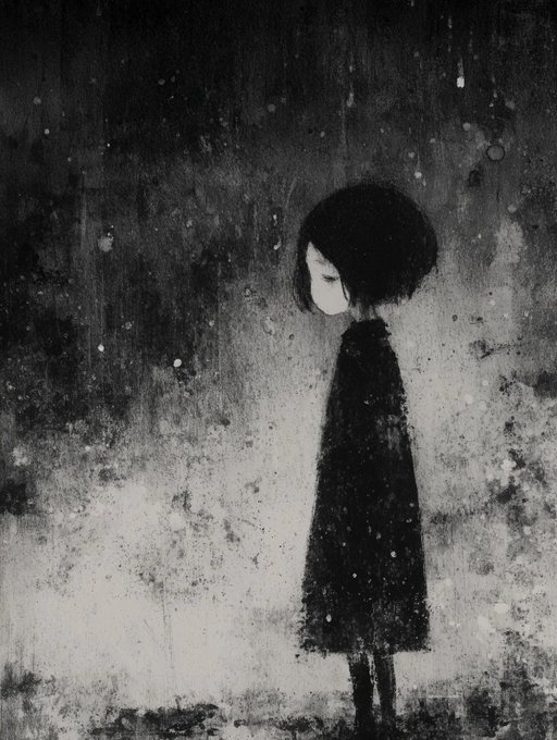 A melancholic black-and-white illustration of a small girl with dark hair and a long dark dress standing alone in a shadowy, atmospheric void. The somber, ethereal artwork evokes the introspective and haunting mood suggested by the piece's title questioning what troubles one's soul.