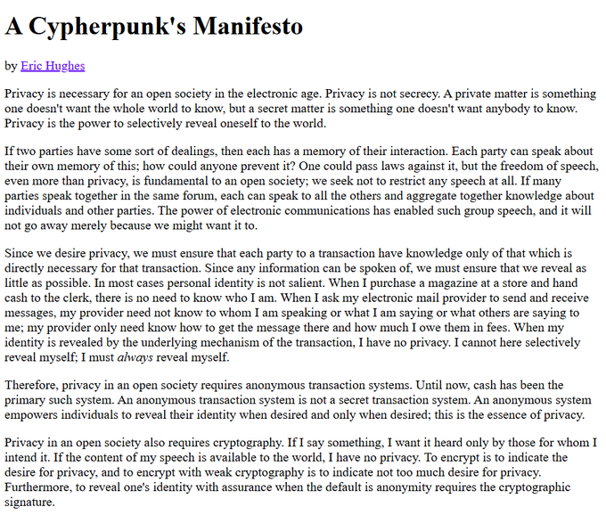 A screenshot of 'A Cypherpunk's Manifesto' by Eric Hughes, the famous text advocating for privacy in an electronic age and the importance of cryptography for open societies.
