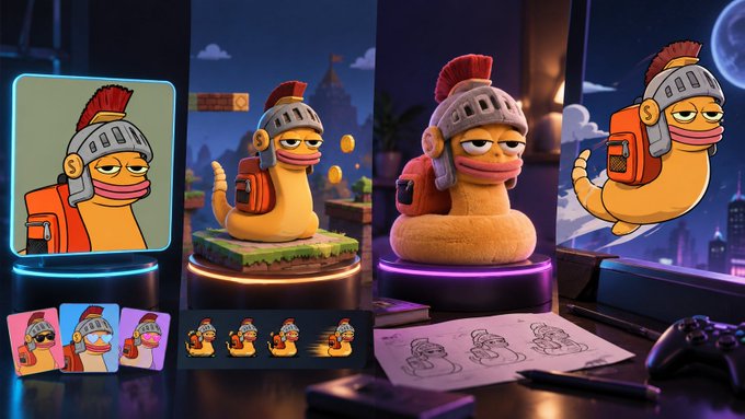 A collage showcasing a stylized, worm-like cartoon character wearing a Roman centurion helmet, displayed across various formats including digital art, plush toys, and pixel art.