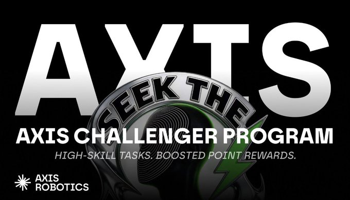A promotional banner for 'AXTS' (AXIS Challenger Program) by Axis Robotics features large silver letters, a metallic emblem reading 'SEEK THE', and the tagline 'HIGH-SKILL TASKS. BOOSTED POINT REWARDS.'