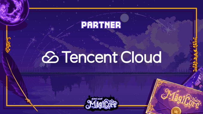A mystical purple-themed promotional graphic announces "PARTNER Tencent Cloud" alongside a "2025 MemeCore MagiCore" logo and "MagiCore" book design, visually supporting the announcement of Tencent Cloud joining MemeCore's MAGICORE event as a technology partner.