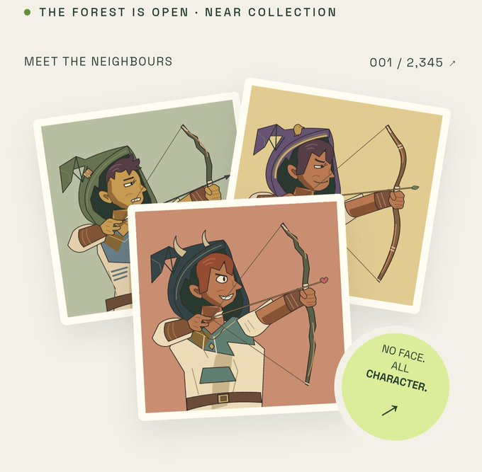 A graphic design showcase titled 'THE FOREST IS OPEN · NEAR COLLECTION' displaying '001 / 2,345' character designs called 'MEET THE NEIGHBOURS', featuring hooded archer characters with the note 'NO FACE. ALL CHARACTER.'