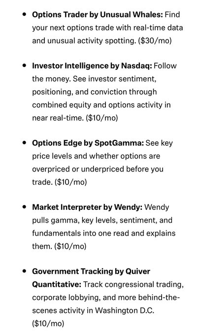 A list of five premium data services—Options Trader by Unusual Whales ($30/mo), Investor Intelligence by Nasdaq ($10/mo), Options Edge by SpotGamma ($10/mo), Market Interpreter by Wendy ($10/mo), and Government Tracking by Quiver Quantitative ($10/mo)—that Robinhood has partnered with to make their data available directly on its platform.