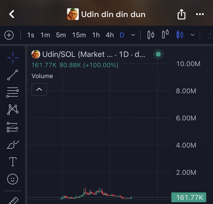 A trading chart shows the Udin/SOL market on a 1-day timeframe, currently priced at 161.77K with +100.00% gains displayed. The post celebrates a perfect bottom catch, matching the chart's recent upward price action visible at the bottom of the screen.