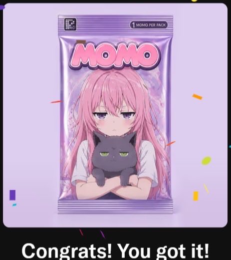 An anime-style 'MOMO' sticker pack featuring a pink-haired character holding a black cat, with text 'Congrats! You got it!'.