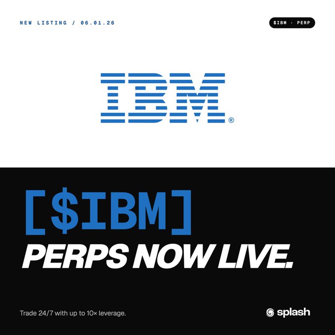 The image features a black and white poster for IBM. The main focus of the poster is the company's name "IBM" written in a large blue font across the top, followed by an image of the IBM logo. Just below that, there is a bold white text stating "Perps now live". On this part of the poster, there is an additional line with a smaller blue color, which reads "Trade 24/7 with up to 10x leverage on Splash". The combination of these elements creates a clear and effective advertisement for IBM's offerings.
