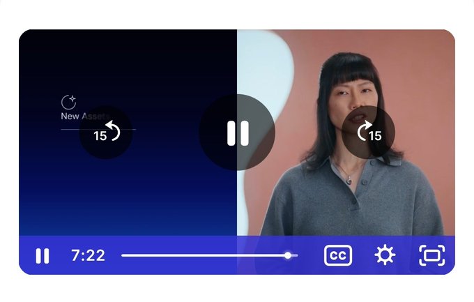 A split-screen video player shows a paused video at 7:22 with rewind controls, featuring a woman with dark hair in a gray sweater on the right side and a dark blue screen with 'New Asset' text on the left.