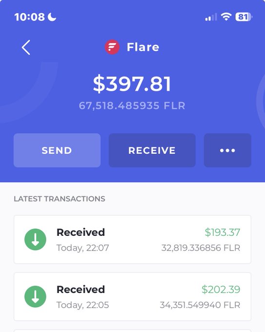 A screenshot of a cryptocurrency wallet app called 'Flare' showing a balance of '$397.81' or '67,518.485935 FLR' along with recent received transactions.