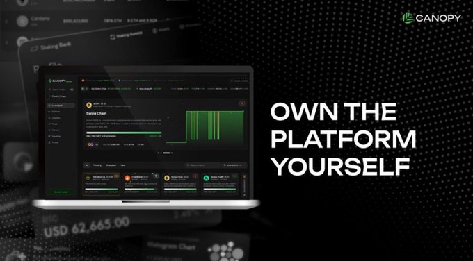 The main focus of this image is a laptop that displays an interface with the words "own the platform yourself" written above it. The background is dark but shows small dots, which might be related to Canopy Network or another relevant piece of information about the content displayed on the laptop screen.