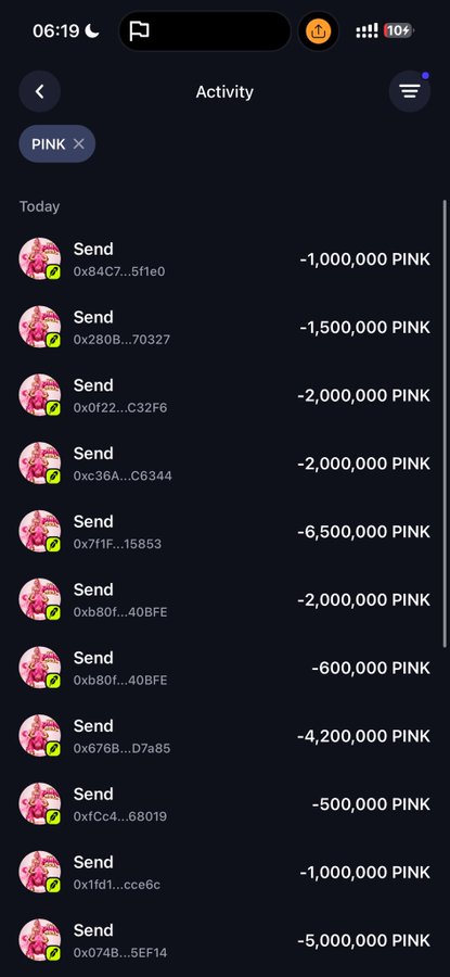 A mobile screenshot displays a "PINK" token activity feed showing multiple "Send" transactions dated "Today," with outgoing transfers ranging from 500,000 to 6,500,000 PINK to various wallet addresses (e.g., 0x84C7...5f1e0, 0x280B...70327). The image visually supports the post's claim of having "airdropped a total of $1800+ to the PINK BULL Holders," showcasing the distribution transactions as evidence of the ongoing airdrop campaign for $PINK token holders.