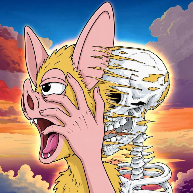 Pop art style illustration of a screaming yellow fox character holding a skull, with a skeleton visible emerging from its back against a sunset sky.