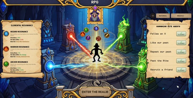 Screenshot of an RPG game interface showing 'ELEMENTAL RESONANCE' bonuses (Wizard, Warrior, Archer) and 'SAVE THE RITE QUESTS' on the right.