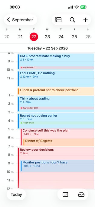 A phone calendar for Tuesday, September 22, 2026, filled with humorous, self-deprecating finance-themed events like "GM + procrastinate making a buy," "Feel FOMO, Do nothing," "Convince self this was the plan," "Review poor decisions," and "Monitor positions I don't have" — humorously illustrating how obsessively tracking the market consumes one's entire day, justifying the joke "this is a full-time position."