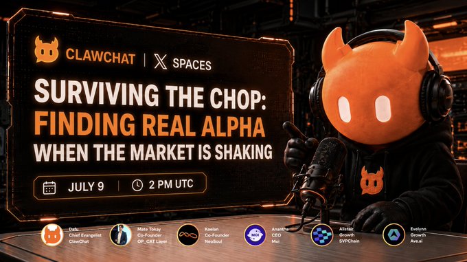 A promotional graphic for a 'Clawchat x Spaces' audio event titled 'Surviving the Chop: Finding Real Alpha When The Market Is Shaking,' scheduled for July 9 at 2 PM UTC, featuring an orange mascot character wearing headphones and a list of speakers including Chief Evangelist, Mate Tokay, Kanlan, Ansanm, Alxdahc, and Evelyne.