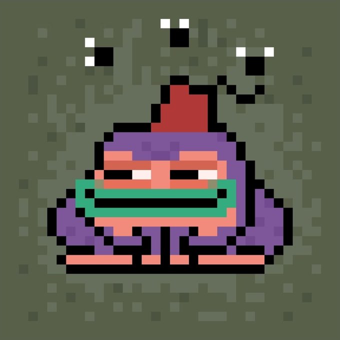 A pixel art NFT depicting a small, smiling character in a purple robe with a red hat and a green mouth, set against a muted green background.