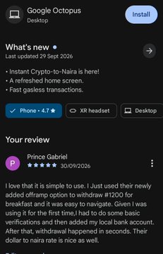 A Google Play Store screenshot shows an app called "Google Octopus" (Desktop) featuring the description "Instant Crypto-to-Naira is here!" along with a 4.7-star review by "Prince Gabriel" praising the withdrawal speed.