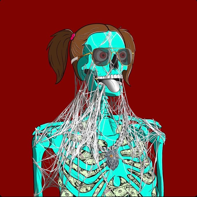 A stylized digital illustration of a turquoise zombie-like figure with brown pigtails, 3D glasses, and cobwebs, with money and a spider visible inside its ribcage against a dark red background.