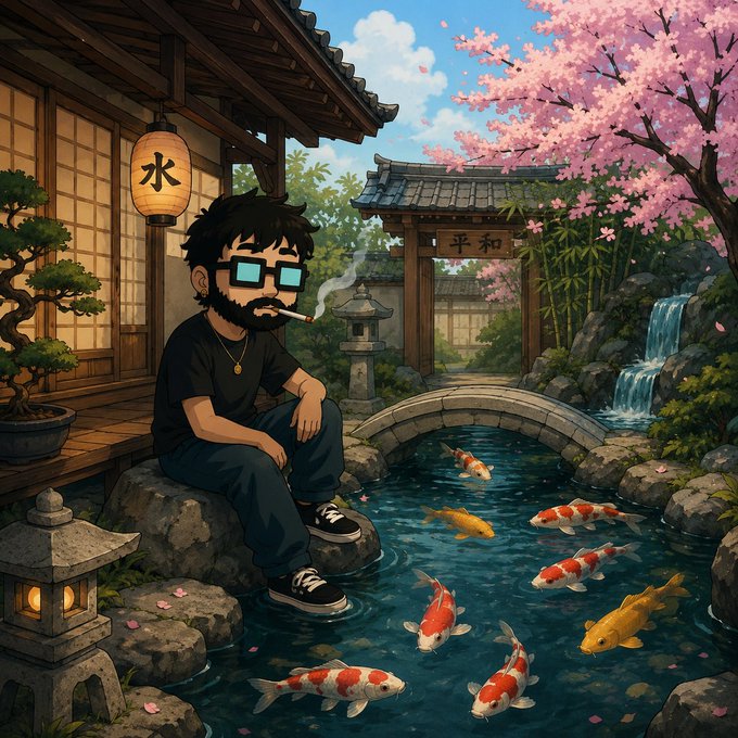 Anime-style illustration of a bearded man with glowing blue sunglasses smoking a cigarette, sitting beside a koi pond with cherry blossoms, a Japanese-style building, and a torii gate marked '平和' (peace).