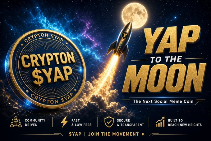 A promotional graphic for the 'Crypton $YAP' cryptocurrency featuring a gold coin with a rocket launching toward the moon, tagged as 'The Next Social Meme Coin' with text reading 'YAP TO THE MOON' and 'COMMUNITY DRIVEN, FAST & LOW FEES, SECURE & TRANSPARENT, BUILT TO REACH NEW HEIGHTS.'