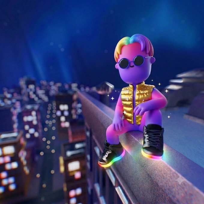 A vibrant 3D rendering features a purple cartoon character with rainbow-colored hair, sunglasses, a gold puffer vest, and LED-lit sneakers sitting on a city building ledge at night.