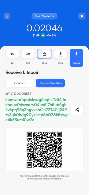 A mobile cryptocurrency wallet app screen showing a Litecoin balance of 0.02046 ($1.49) with a receive address, QR code, and options to buy, sell, shop, send, and receive.