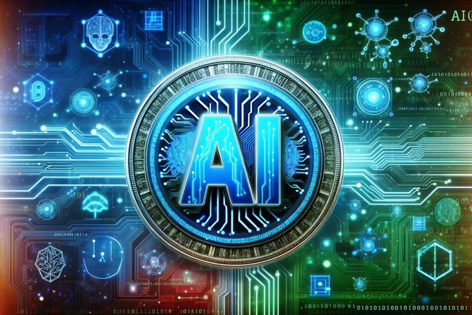 A digital illustration features a glowing 'AI' coin on a circuit board background with various tech icons.