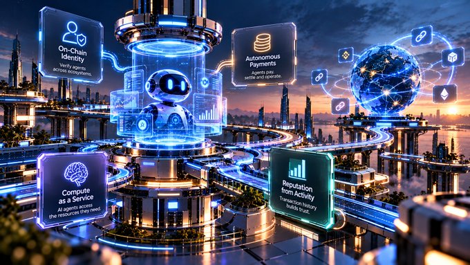 A futuristic sci-fi cityscape illustration featuring a central robotic figure surrounded by holographic text boxes highlighting blockchain concepts like 'On-Chain Identity', 'Autonomous Payments', 'Compute as a Service', and 'Reputation from Activity'.