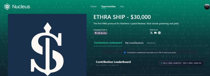 Screenshot of the Nucleus platform showing the 'ETHRA SHIP - $30,000' opportunity for the first RWA protocol for Maritime Capital Markets, with contribution leaderboard details.