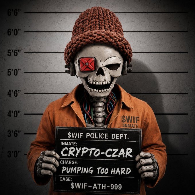 A skeleton wearing a brown beanie and orange "$WIF INMATE" jumpsuit poses in a mugshot lineup, holding a booking placard that reads "$WIF POLICE DEPT., INMATE: CRYPTO-CZAR, CHARGE: PUMPING TOO HARD, CASE: $WIF-ATH-999." The image humorously personifies the $WIF memecoin as a "crypto-czar" arrest for excessive price pumping, referencing the coin's all-time high.