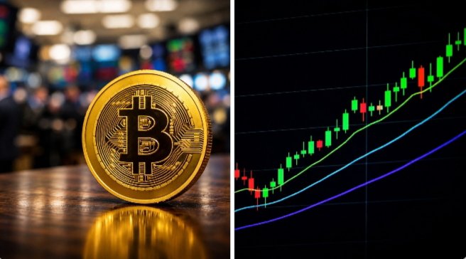 A golden Bitcoin token sits on a reflective surface against a blurred background on the left, paired with a candlestick chart showing an upward trend on the right, visually reinforcing the post's message of returning institutional demand and the start of a potential reversal after two months of ETF outflows.