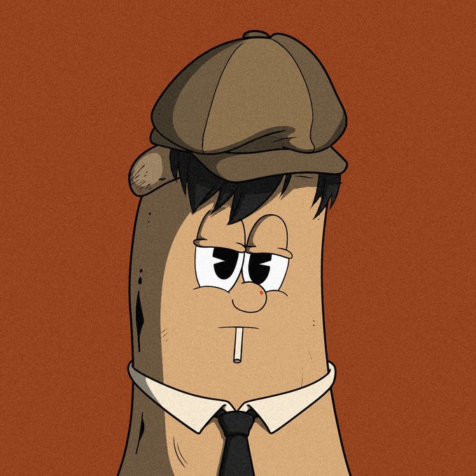 A cartoon illustration of a brown, potato-like character with a tired expression, wearing a detective hat, white shirt, and black tie against a brown background.