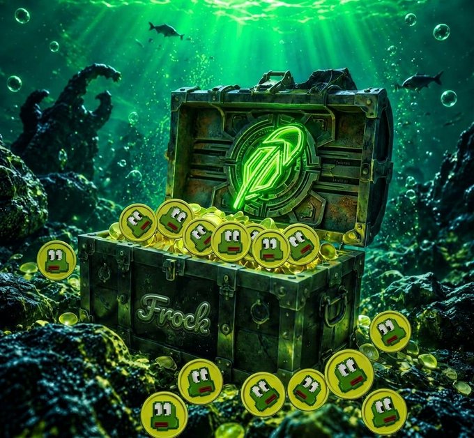 A digital illustration of an open treasure chest labeled 'Frock' glowing green underwater, surrounded by gold coins bearing a cartoon face, with sea creatures visible in the murky background.