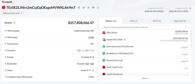 The image features a screenshot of a computer screen, which displays details about an account related to Tron cryptocurrency. The account is active with at least one transaction recorded. There are several transactions displayed, including one that has reached $0.35. Additionally, there's a list of bank accounts associated with the Tron wallet, along with their respective balances and the fees associated with them. These details provide information about the user's financial activities in relation to the cryptocurrency market.