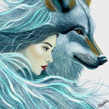 An illustration shows a woman with flowing teal hair alongside a wolf-like creature with blue and brown fur.