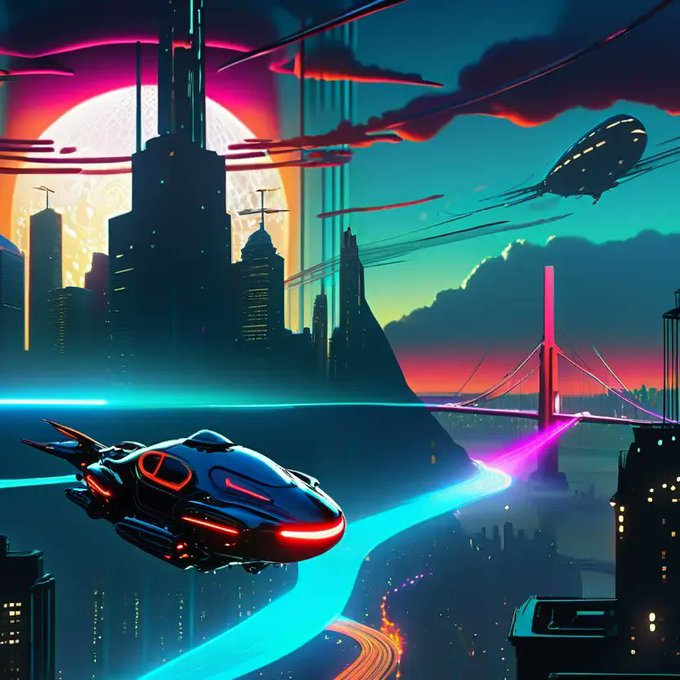 A futuristic cyberpunk cityscape at sunset with neon-lit skyscrapers, a glowing pink bridge, and sleek flying vehicles soaring through the sky.