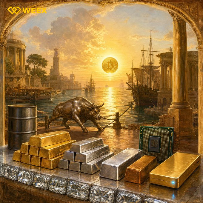 The image depicts a grand scene of a bronze bull charging through a classical harbor at sunset, with gold bars, silver ingots, diamonds, and a microchip arranged in the foreground, visually symbolizing the "Fast Markets, Deep Liquidity" message of strength, value, and technological power across diverse assets. The "WEEEX" logo appears in the top-left corner, reinforcing the brand's presence in the crypto and commodity trading space.