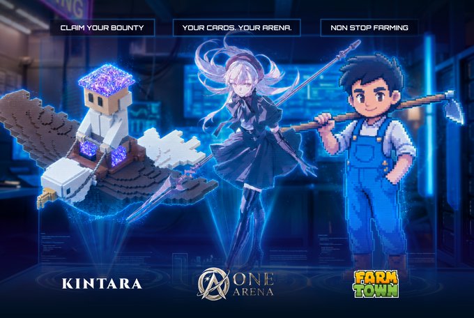 A promotional graphic featuring three pixel-art game characters against a blue neon backdrop, showcasing "KINTARA" (a Minecraft-style character riding an eagle), "ONE ARENA" (an anime-style warrior with a glowing sword), and "FARM TOWN" (a farmer holding a hoe). Text banners at the top read "CLAIM YOUR BOUNTY," "YOUR CARDS, YOUR ARENA," and "NON STOP FARMING," directly aligning with the post's call to maximize screen time across these three Solana gaming projects.