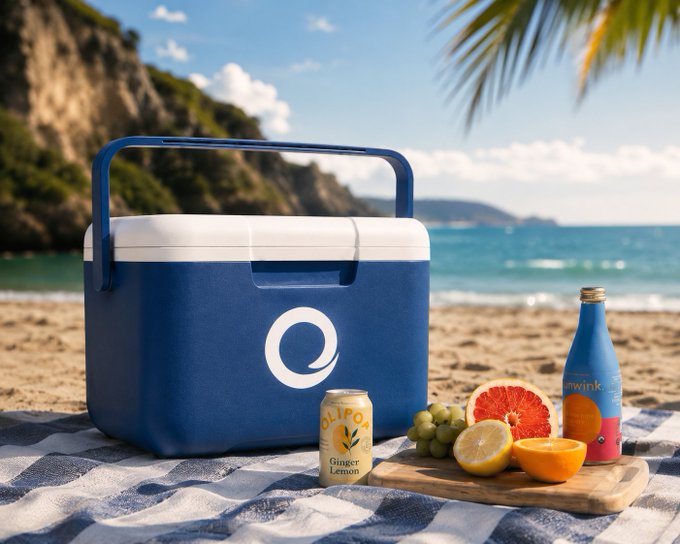 A blue and white cooler with a 'Q' logo sits on a striped blanket on a sandy beach, next to a can labeled 'OLIPO Ginger Lemon', a cutting board with assorted fruits including grapes, oranges, and a grapefruit, and a blue bottle.