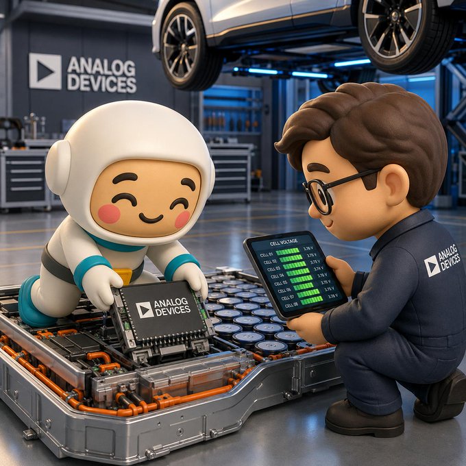 A 3D-rendered illustration showing a cute astronaut-like character and a bespectacled man in an Analog Devices uniform working on what appears to be an EV battery pack, with one examining a circuit board and the other holding a tablet showing cell voltages.