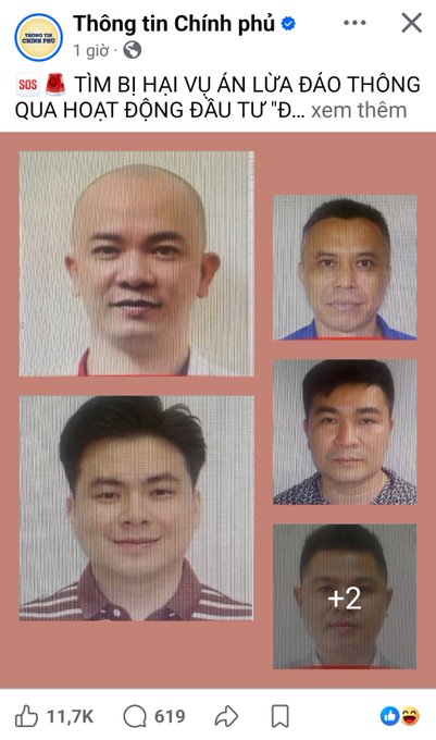 A Vietnamese government social media post from 'Thông tin Chính phủ' warning about two victims of a fraud case related to cryptocurrency investment activities, displaying mugshots of suspects.